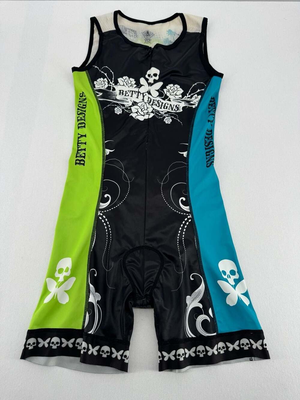 Betty Designs Women's Sleeveless Trisuit Size L Black Green Blue Skull Rose
